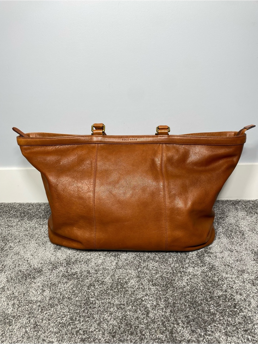 Cole Haan Leather Tote Handbag Bag Brown Large Strappy Pinch Blue Interior
